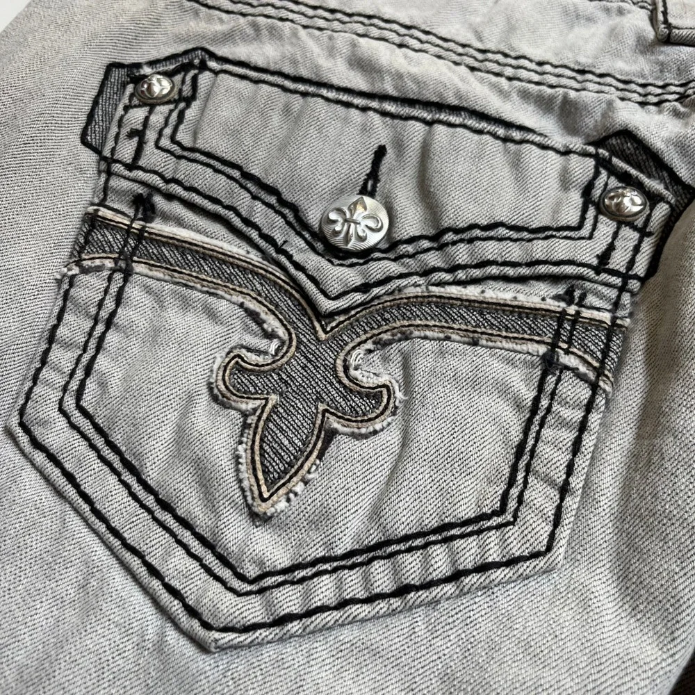 Rock Revival Dan Straight Mens 38 Gray Jeans Heavy Black Stitch Fleur-De-Lis Y2K